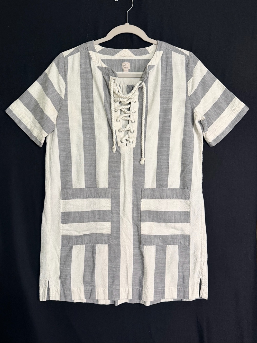 LOFT Striped Rope-Detail Tunic in Gray & White swim beach cover up dress boating